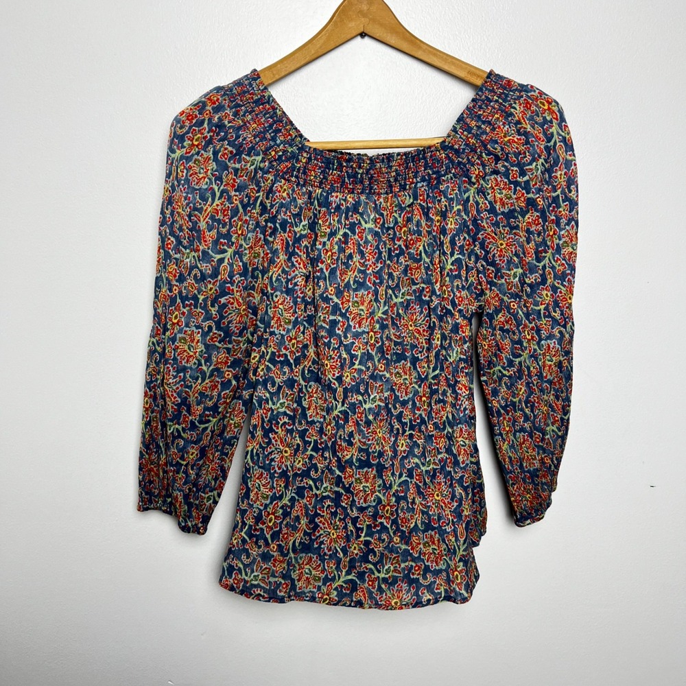 Chaps Womens Blue Floral Print Smocked Neck 3/4 Sleeve Blouse Peasant Top Size S - Picture 5 of 5